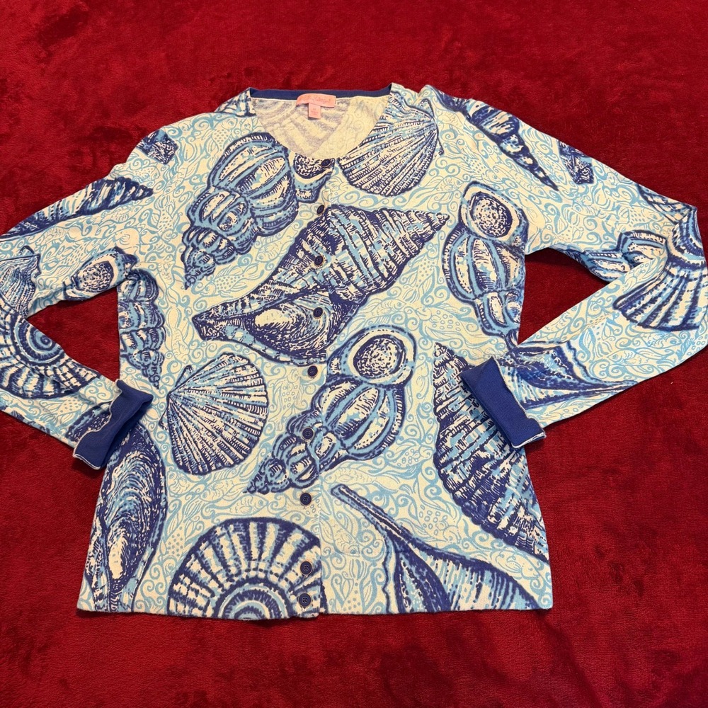 Lilly Pulitzer Blue White Seashell Cotton Cardigan Sweater Size M 96097